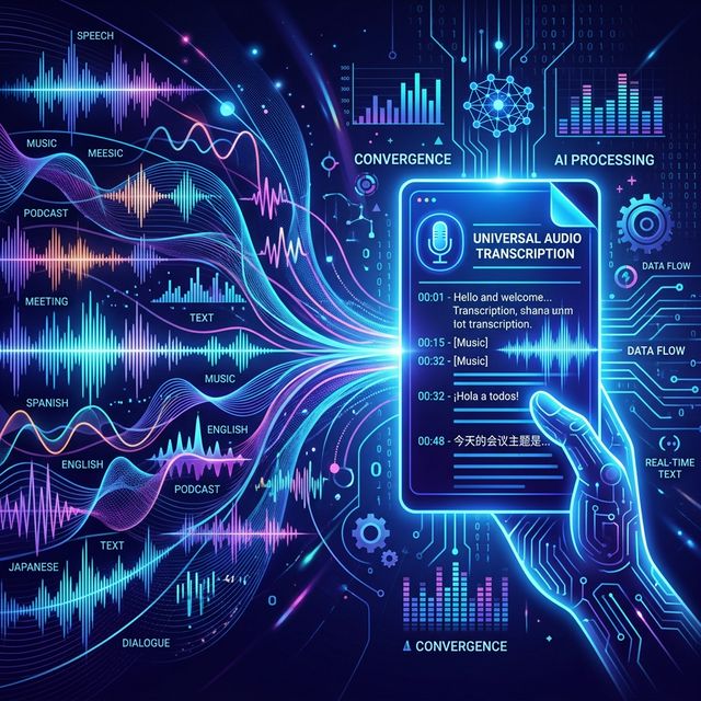 Conceptual illustration of audio waves converting to digital text